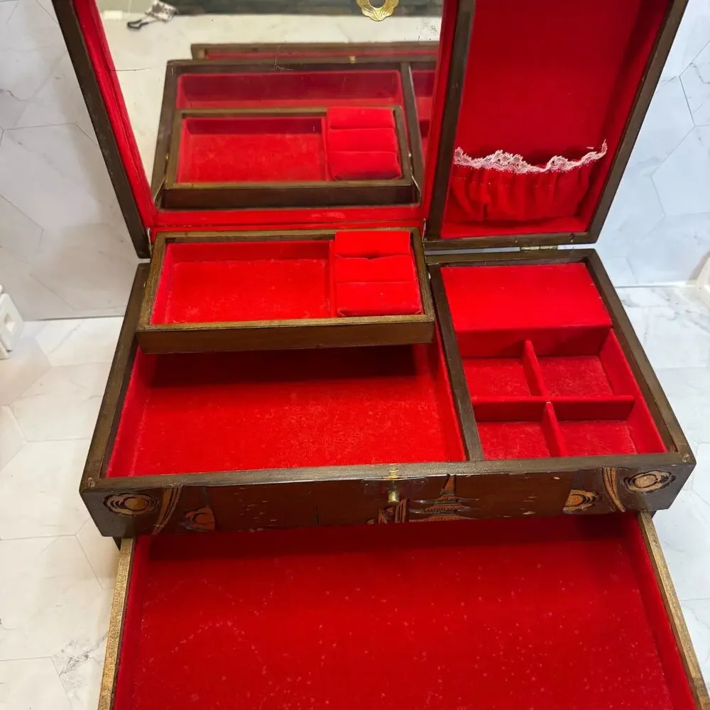 Vintage Asian Carved Jewelry Music Box Wood Pagoda Scenes Dresser Chest in EUC
